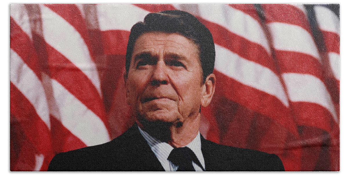 Ronald Reagan Hand Towel featuring the photograph President Ronald Reagan by War Is Hell Store