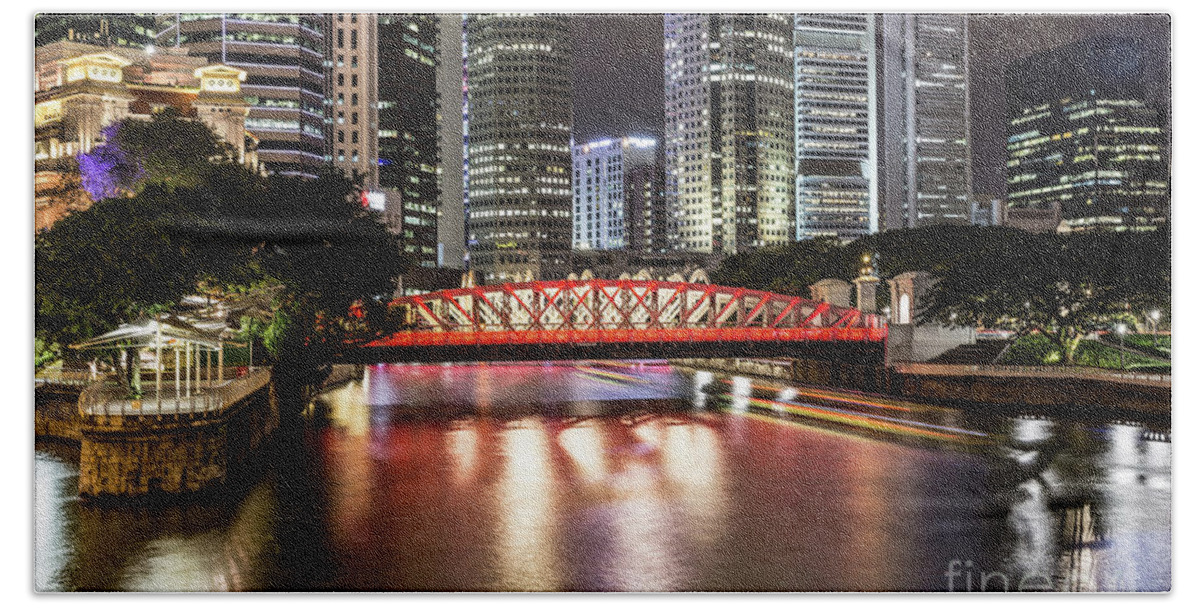 Singapore River Hand Towel featuring the photograph Singapore river at night with financial district in Singapore #2 by Didier Marti