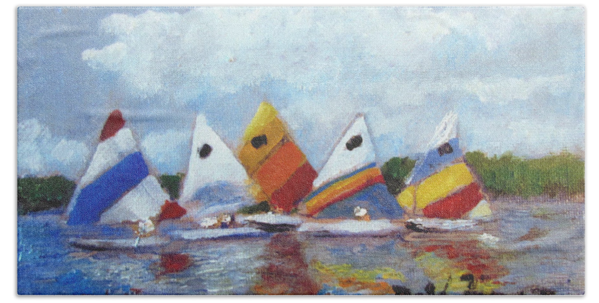 Sunfish Sailboats Hand Towel featuring the painting Sunfish on the Potomac #2 by David Zimmerman
