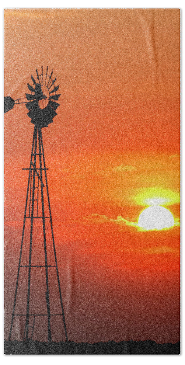 Kansas Hand Towel featuring the photograph Sunrise and Windmill 02 #2 by Rob Graham