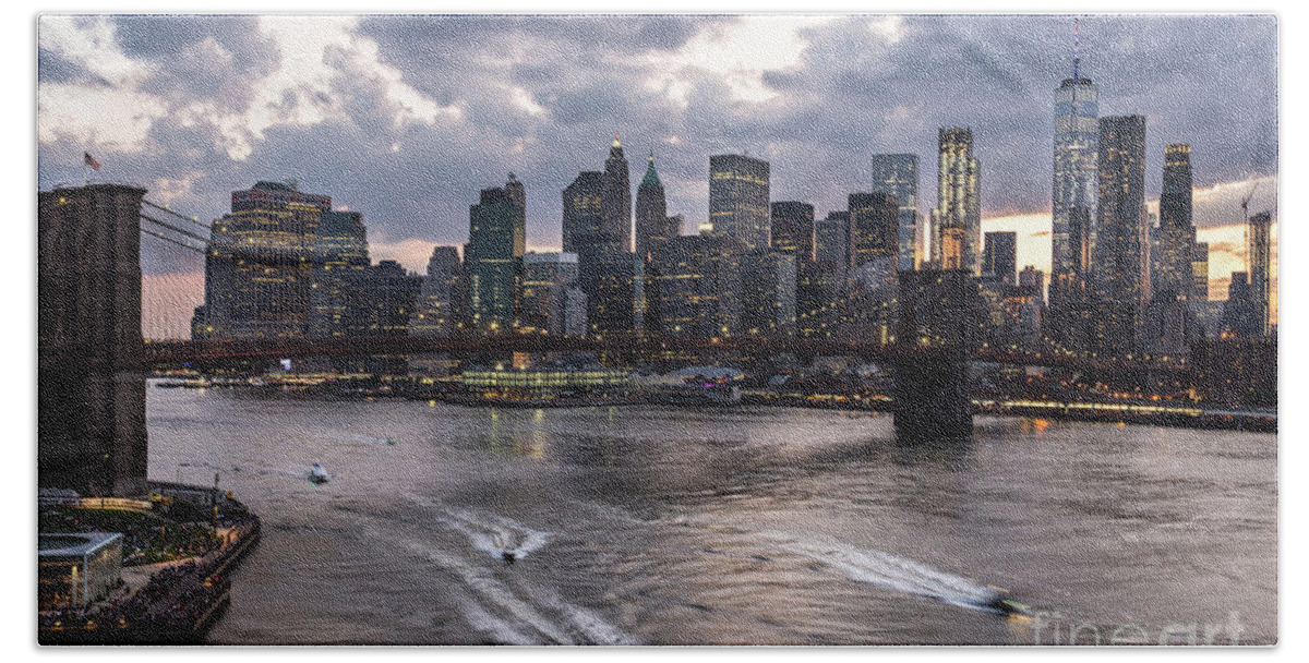 America Hand Towel featuring the photograph Sunset over New York City #2 by Didier Marti