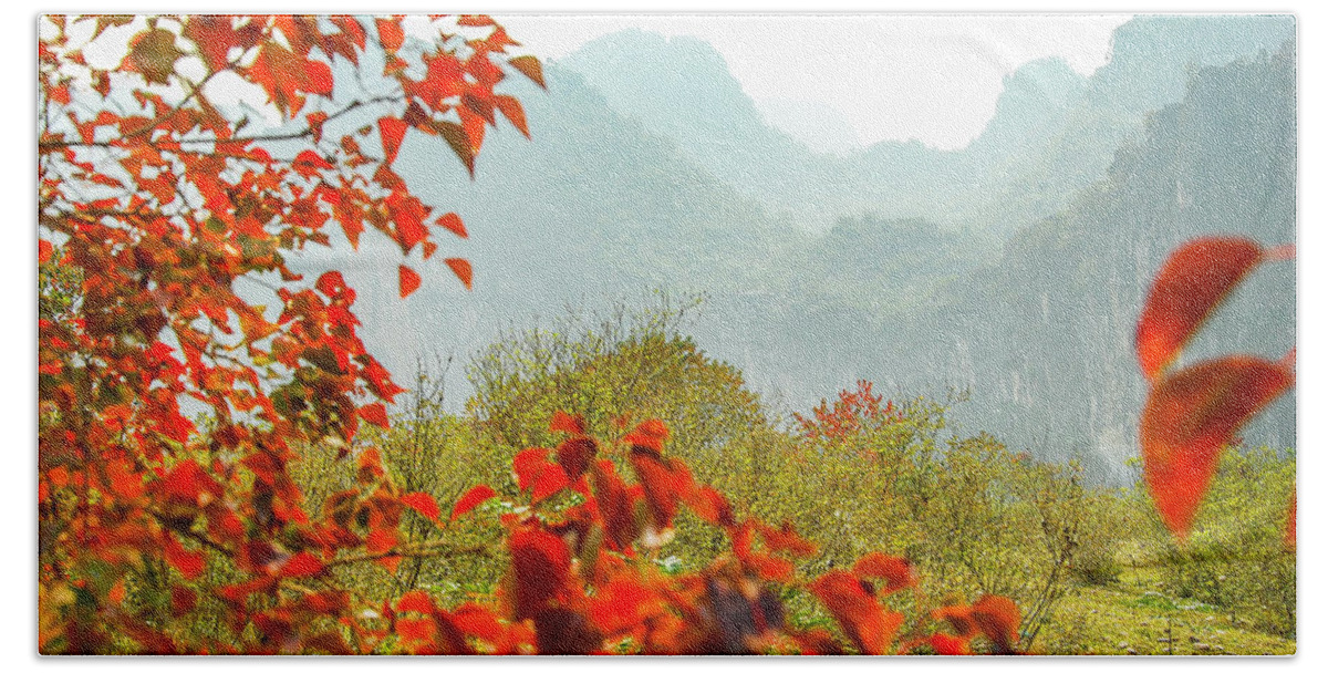 Red Bath Towel featuring the photograph The colorful autumn scenery #2 by Carl Ning