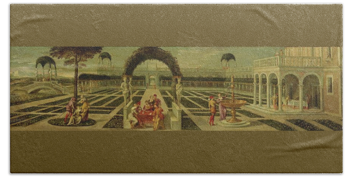 School Of The Veneto Bath Sheet featuring the painting The Garden Of A Villa In The Veneto #2 by MotionAge Designs