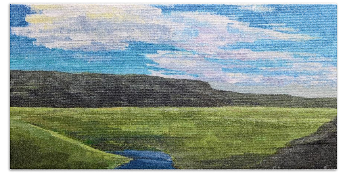Landscape Bath Towel featuring the painting Up North, Brown Bridge by Lisa Dionne