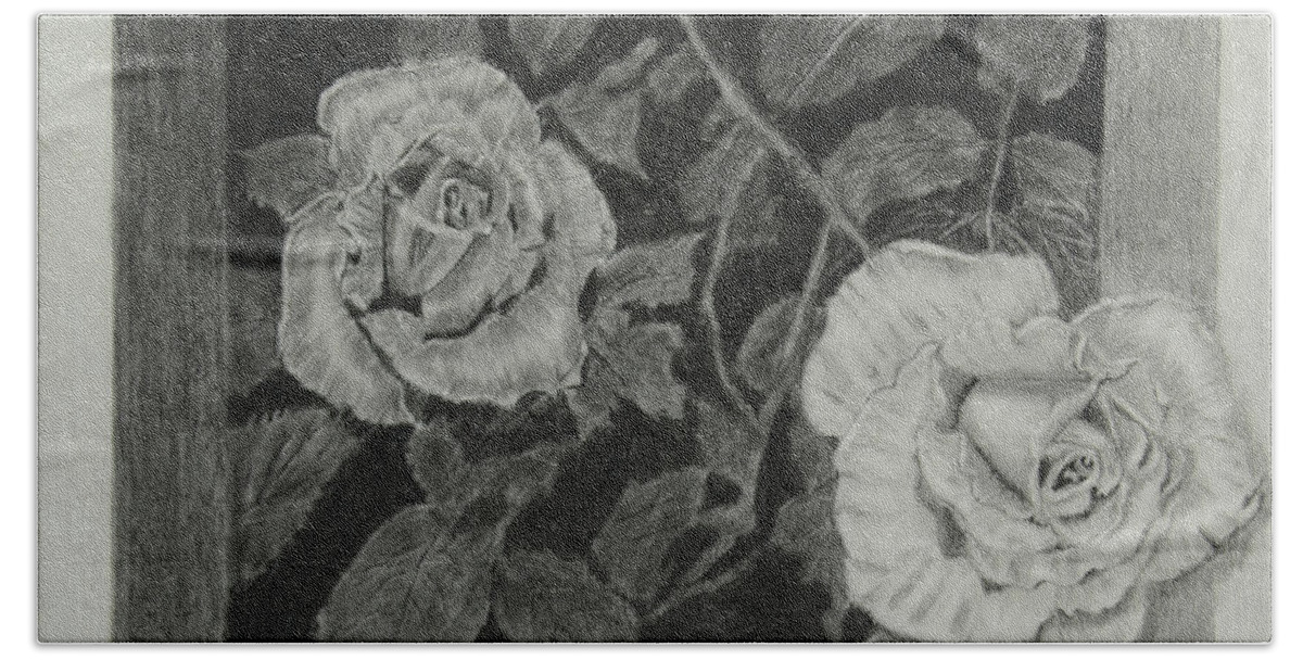 Rose Bath Towel featuring the drawing 2 White Roses by Quwatha Valentine