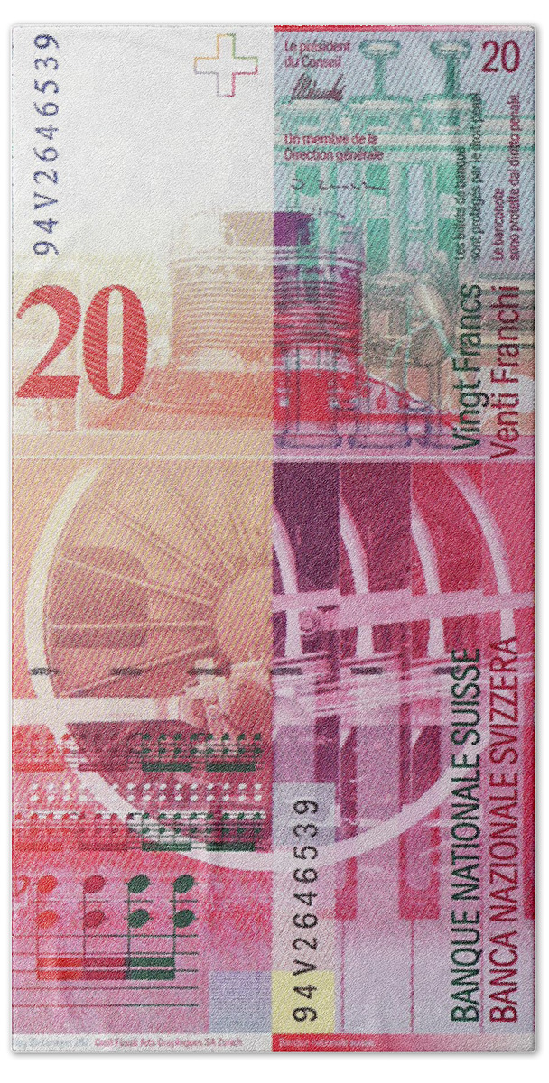 'paper Currency' By Serge Averbukh Bath Towel featuring the digital art 20 Swiss Franc Bill by Serge Averbukh