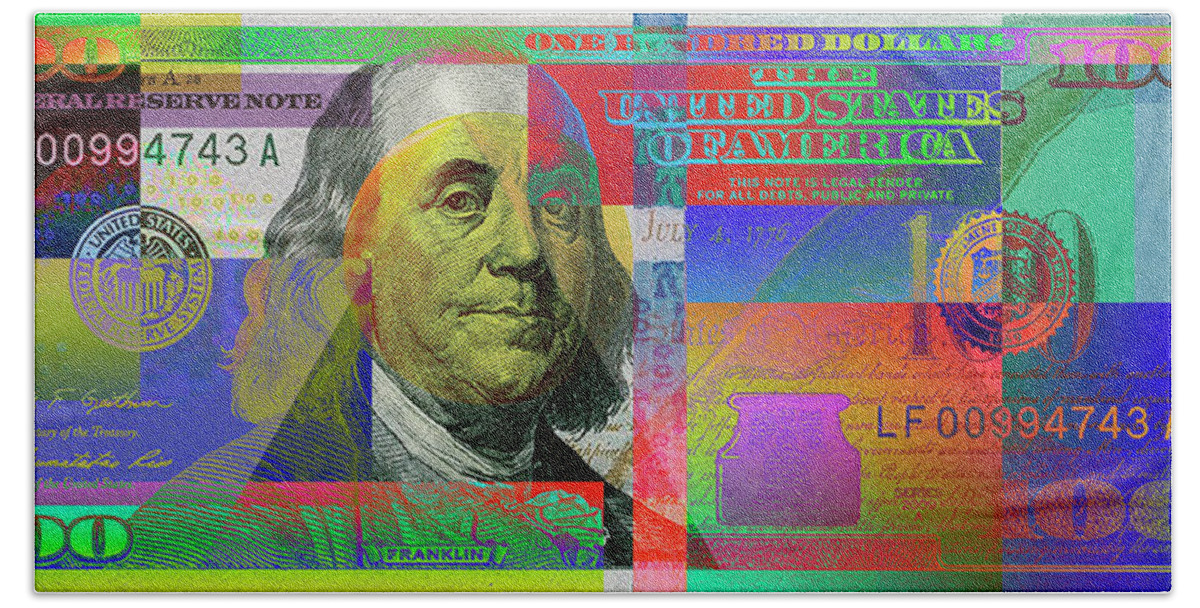 'paper Currency' Collection By Serge Averbukh Bath Towel featuring the digital art 2009 Series Pop Art Colorized U. S. One Hundred Dollar Bill No. 1 by Serge Averbukh
