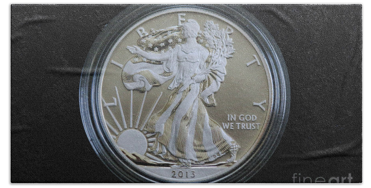Enhanced Uncirculated Silver Eagle Dollar Coin Hand Towel featuring the photograph 2013 Enhanced Uncirculated Silver Eagle Dollar Coin by Randy Steele