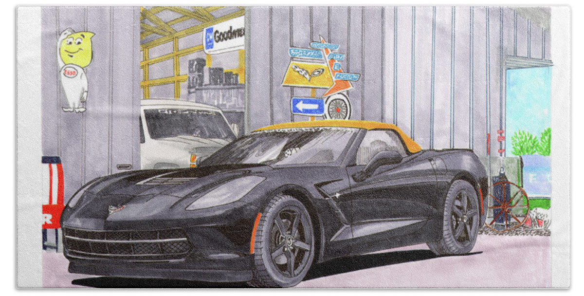 2014 Corvette Bath Towel featuring the painting 2014 Corvette and man cave garage by Jack Pumphrey