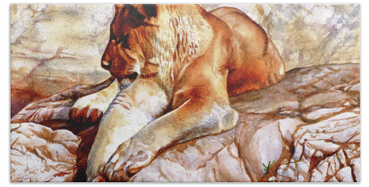 Lion Bath Towel featuring the painting #232 Sleeping Lioness #232 by William Lum
