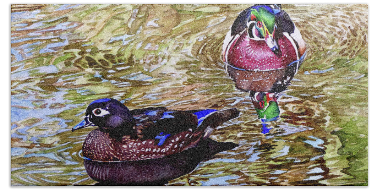 Wood Ducks Bath Towel featuring the painting #234 Wood Ducks #234 by William Lum