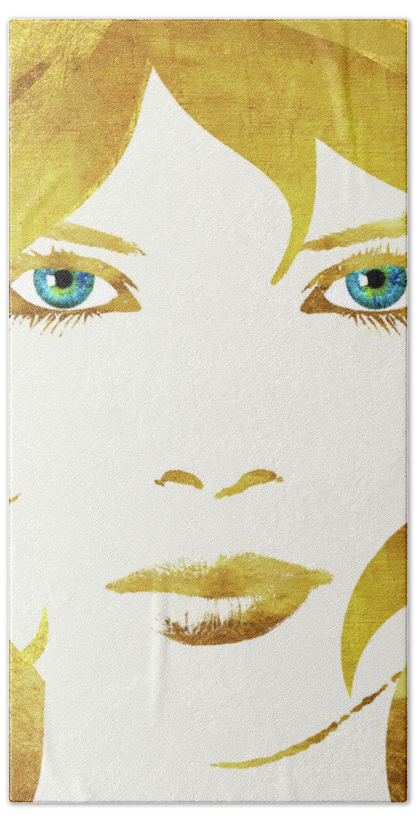 24 Karat Babe Bath Towel featuring the painting 24 Karat Babe, woman in gold fashion art by Tina Lavoie