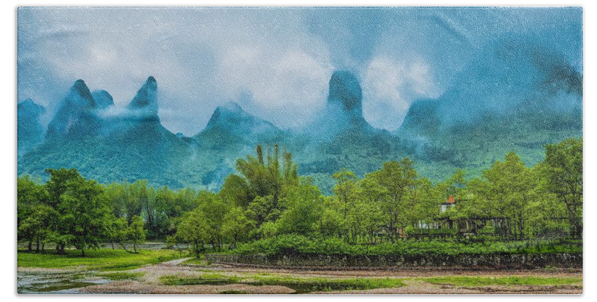 Scenery Bath Towel featuring the photograph Karst mountains and Lijiang River scenery #24 by Carl Ning