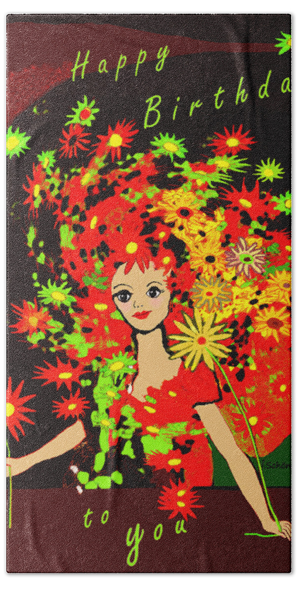 2571 Happy Birthday Card Orange Flowers 2017 Bath Towel featuring the digital art 2571  Birthday Card 2017 V by Irmgard Schoendorf Welch