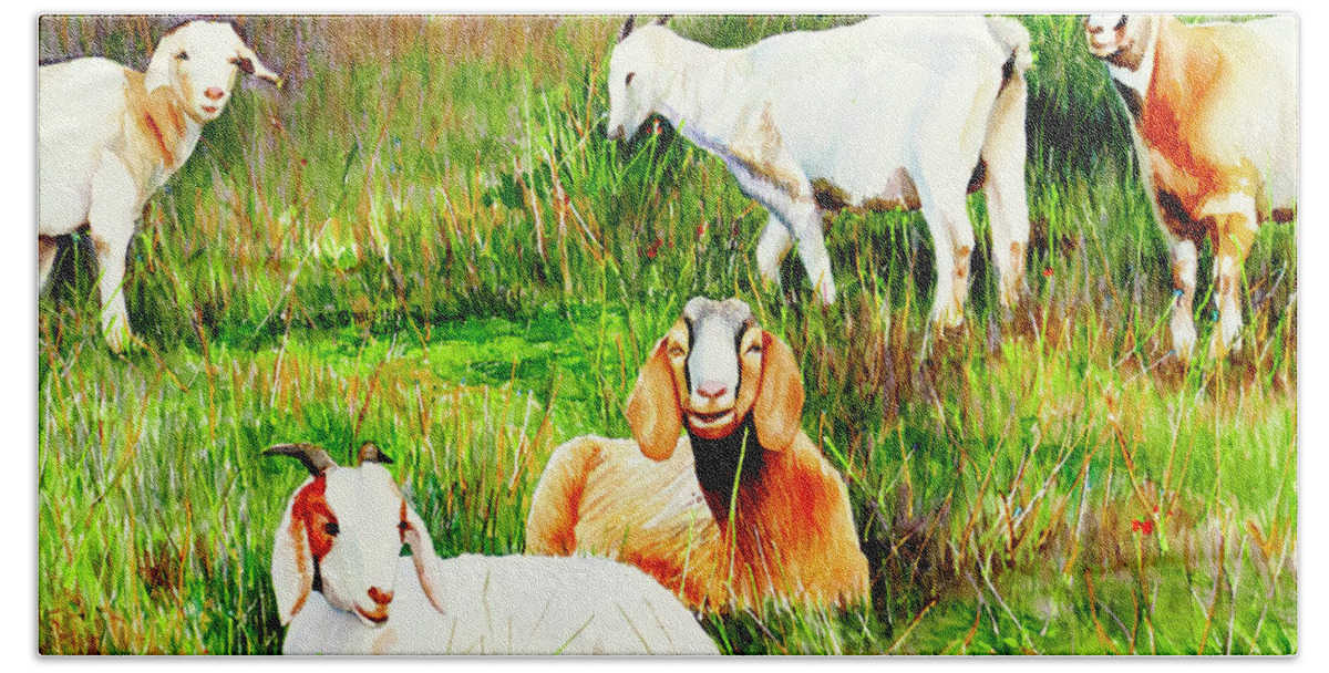 Roseville Bath Towel featuring the painting #294 Roseville Goats #294 by William Lum