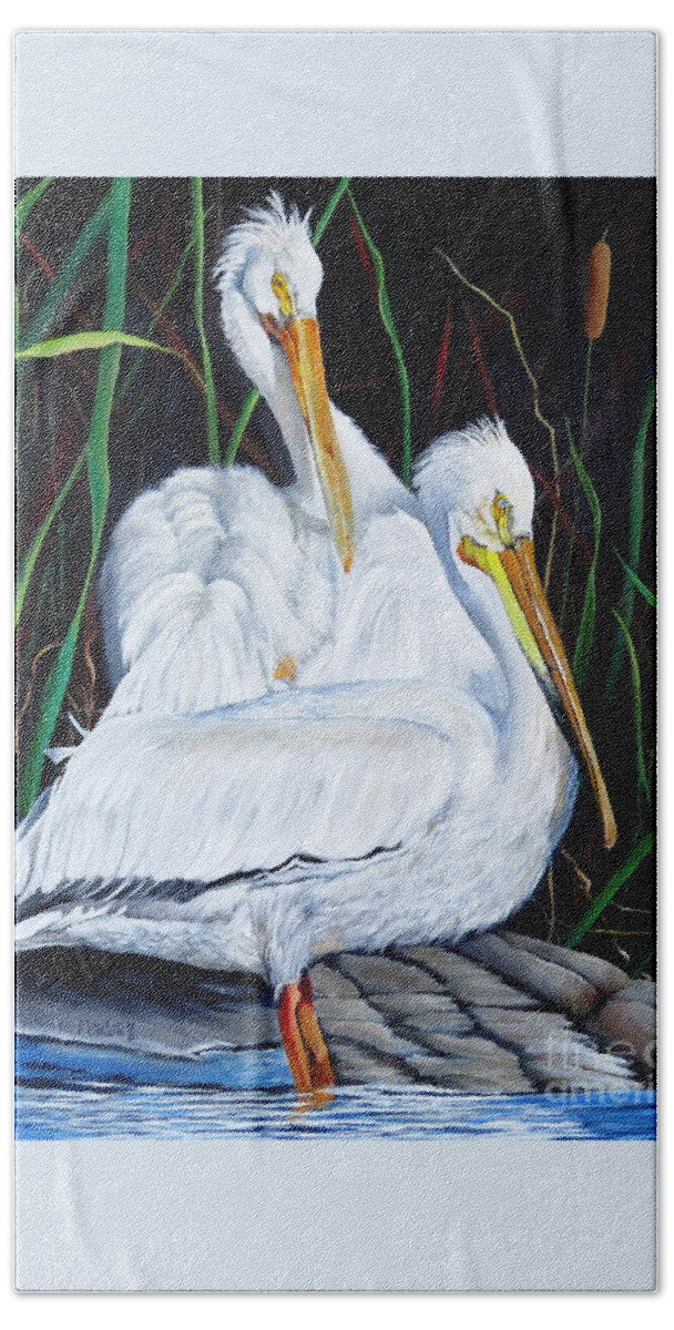 Pelican Bath Towel featuring the painting 2's Company by Marilyn McNish