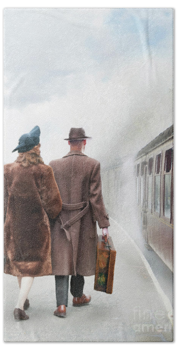 Woman Hand Towel featuring the photograph 1940's Couple On A Railway Platform With Steam Train #3 by Lee Avison