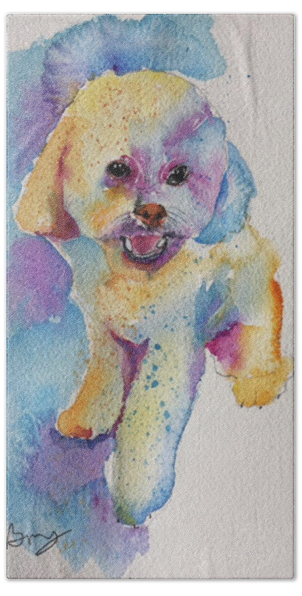 Watercolor Hand Towel featuring the painting Multicolor Maltipoo by Bonny Butler