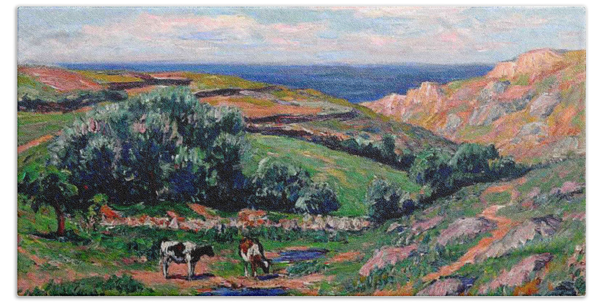 A Valley In Sadaine Bath Towel featuring the painting A Valley in Sadaine by Henri Moret
