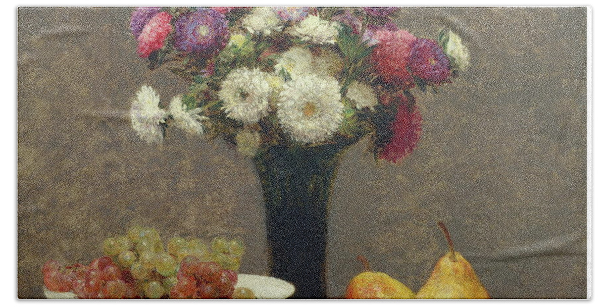 Asters And Fruit On A Table Hand Towel featuring the painting Asters and Fruit on a Table by Henri Fantin-Latour