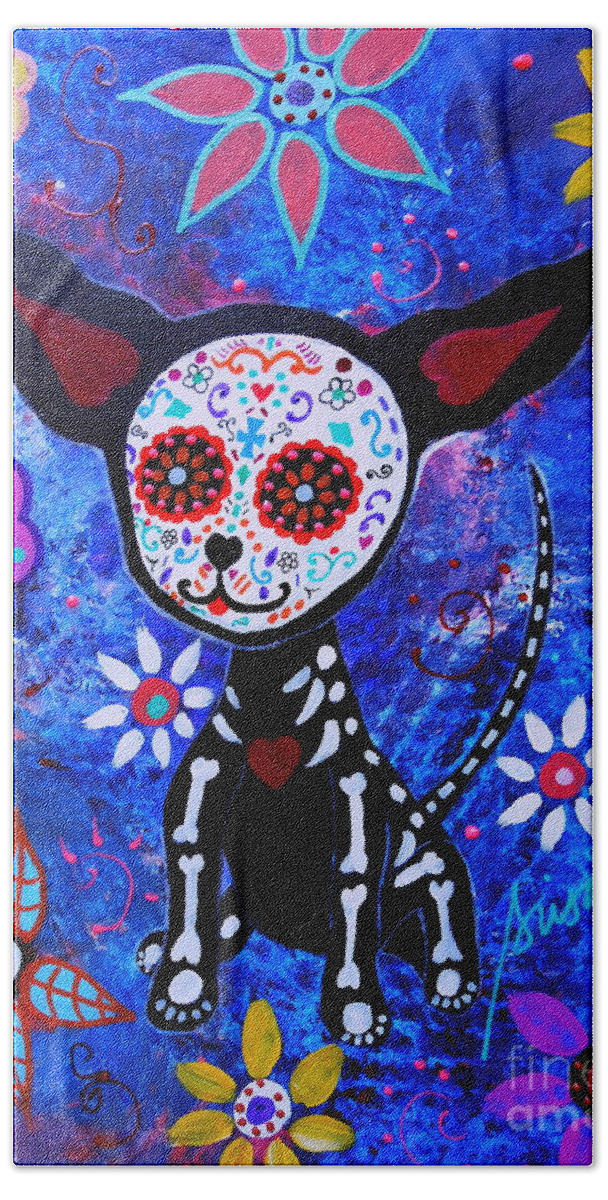 Dog Bath Towel featuring the painting Chihuahua Day Of The Dead #5 by Pristine Cartera Turkus