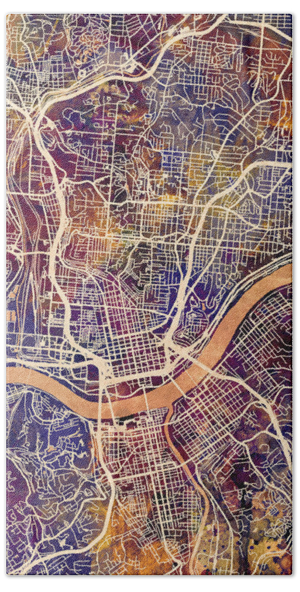 Cincinnati Bath Towel featuring the digital art Cincinnati Ohio City Map #3 by Michael Tompsett