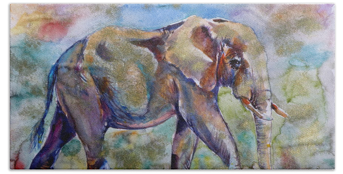 Elephant Bath Towel featuring the painting Elephant in gold #3 by Kovacs Anna Brigitta
