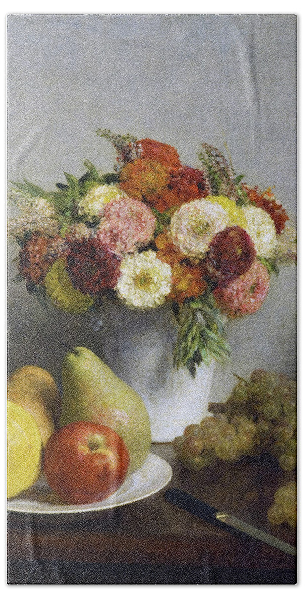 Henri Bath Towel featuring the painting Flowers and Fruit #3 by Henri Fantin-Latour