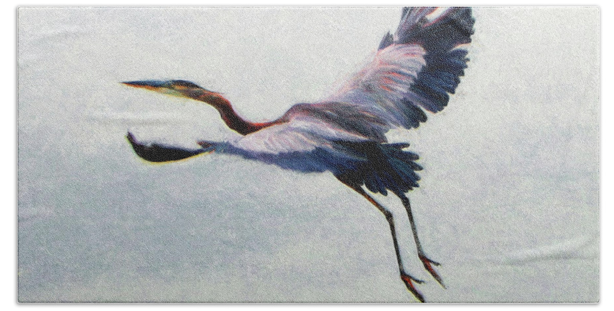 Great Blue Heron Bath Towel featuring the photograph Heron In Flight #4 by John Freidenberg