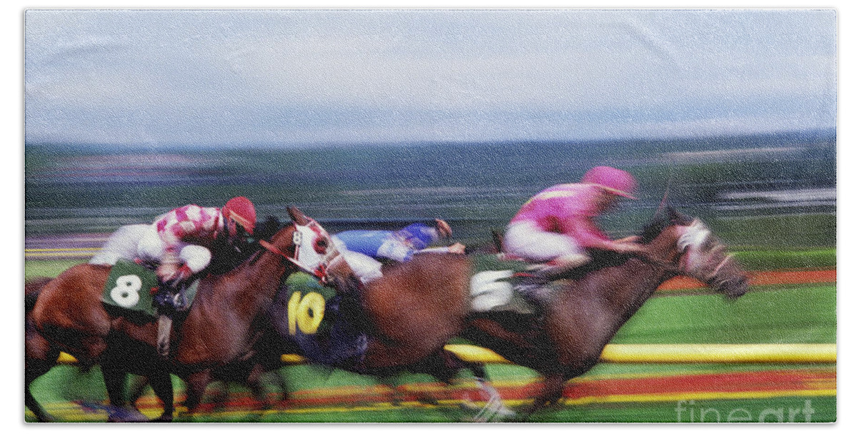 Motion Bath Towel featuring the photograph Horse Race #3 by Jim Corwin