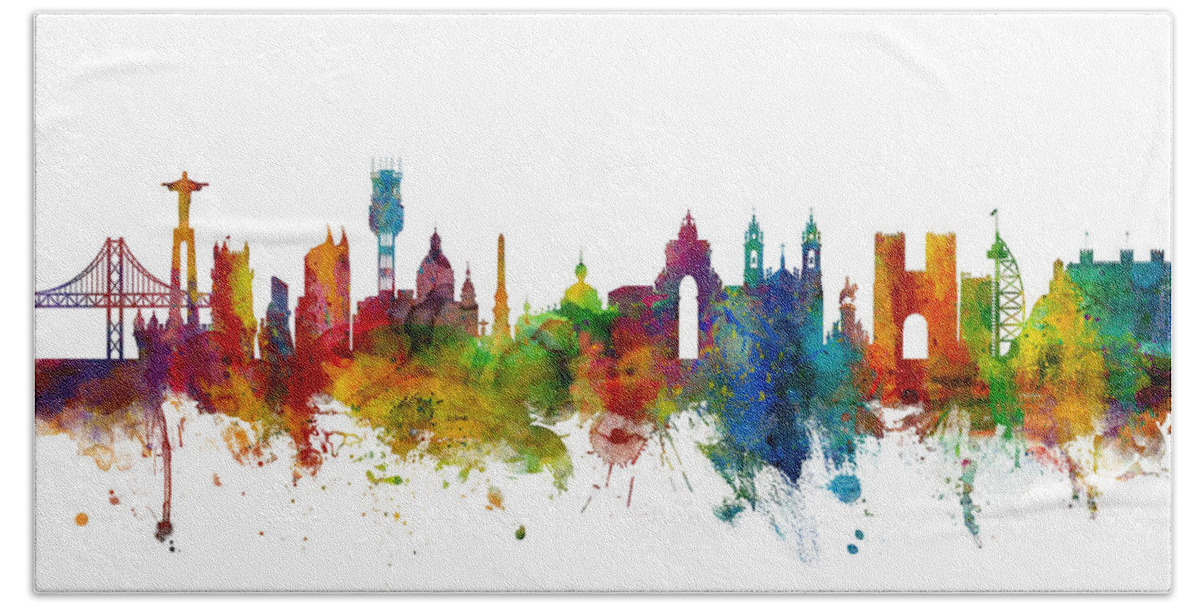 City Hand Towel featuring the digital art Lisbon Portugal Skyline #3 by Michael Tompsett