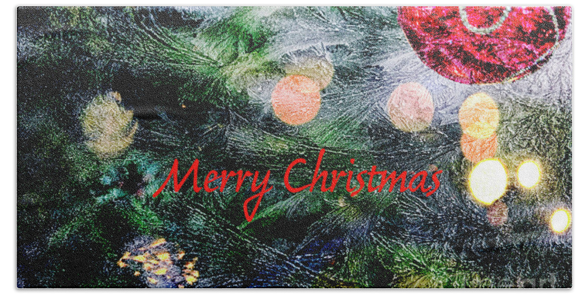 Abstract Hand Towel featuring the photograph Merry Christmas background with red bauble by Patricia Hofmeester