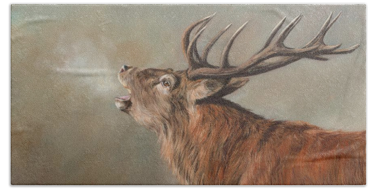 Red Deer Bath Towel featuring the painting Red Deer Stag #3 by David Stribbling