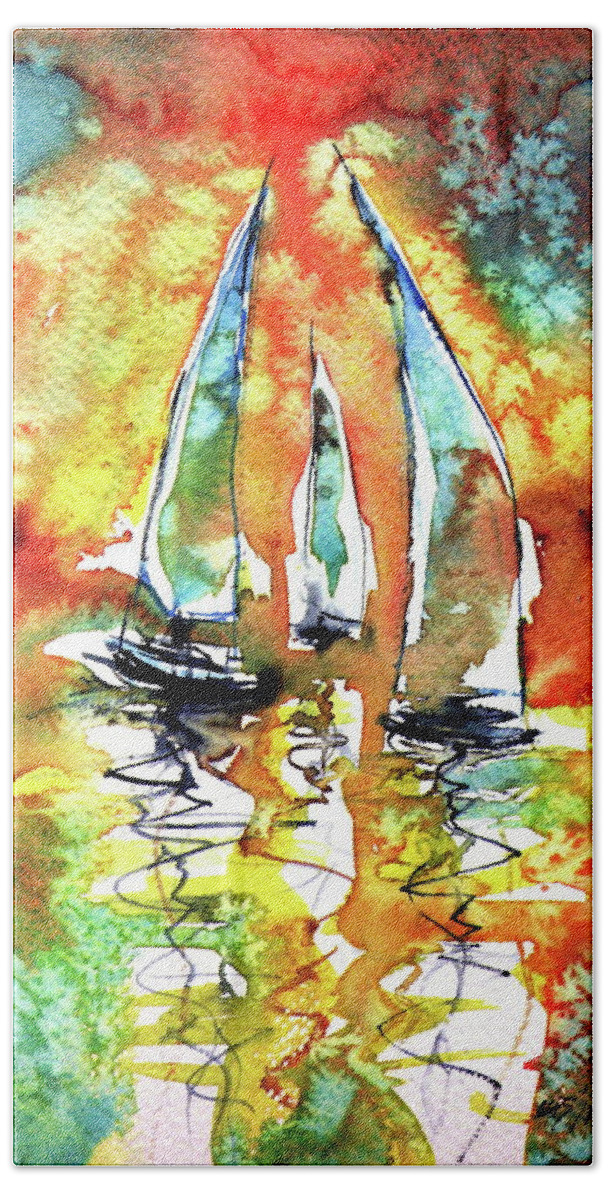 Sailboat Hand Towel featuring the painting Sailboats #3 by Kovacs Anna Brigitta