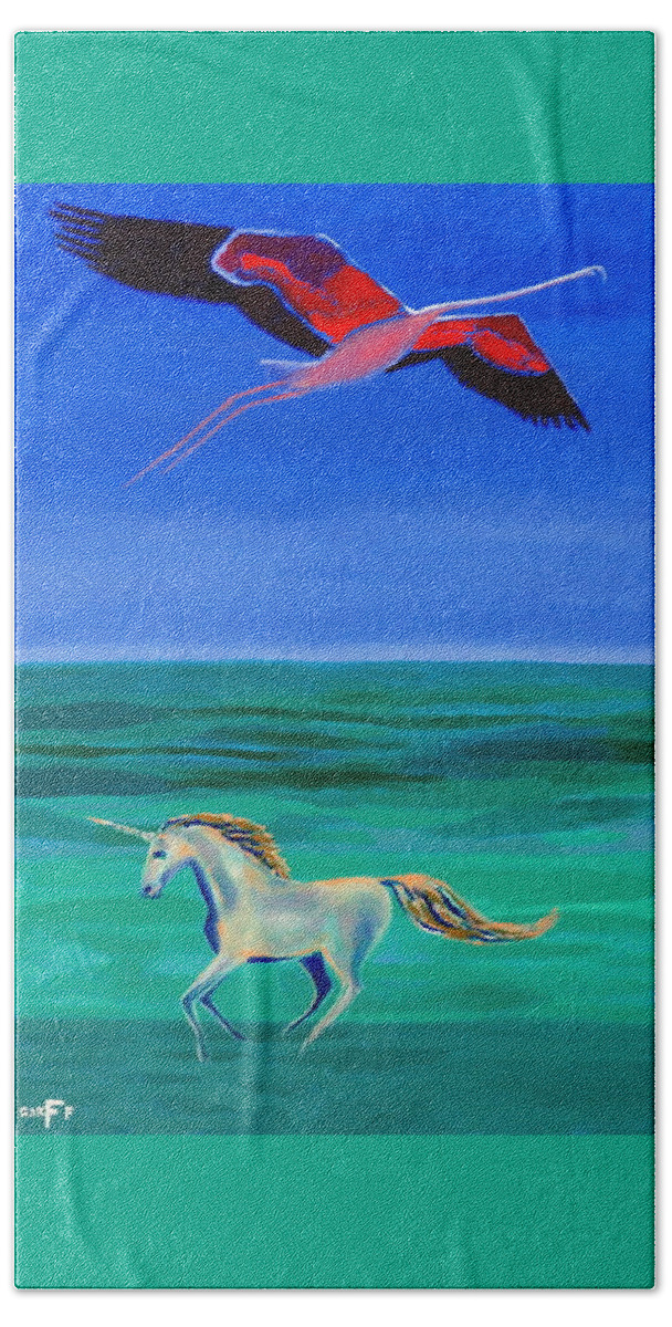 Flamingo Bath Towel featuring the painting Sons of the Sun #1 by Enrico Garff
