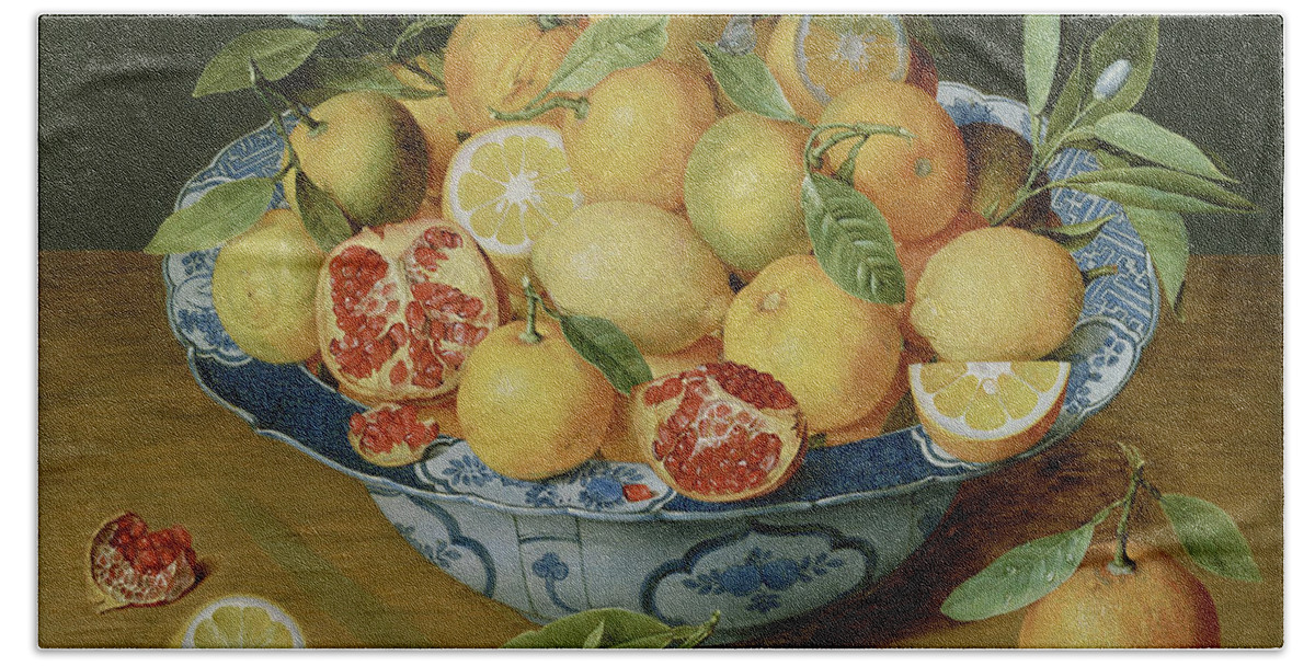  Still Life With Lemons Bath Towel featuring the painting Still Life with Lemons, Oranges and a Pomegranate #3 by Jacob van Hulsdonck