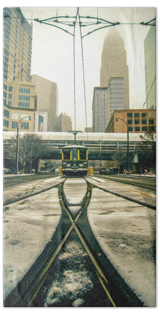 Streetcar Bath Towel featuring the photograph Streetcar Waiting For Passengers In Snowstrom In Uptown Charlott #3 by Alex Grichenko