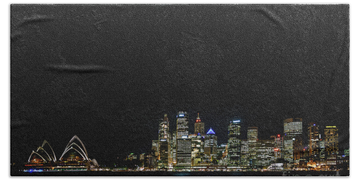 Central Business District Bath Towel featuring the photograph View Of Sydney City Harbour In Australia At Night #3 by JM Travel Photography
