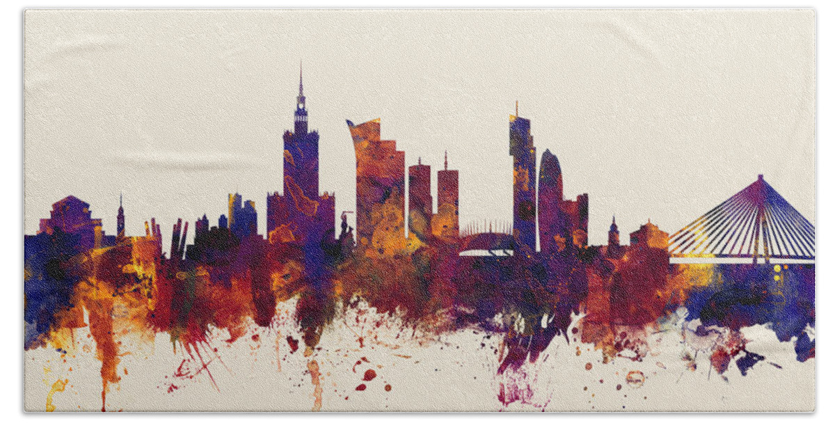 Poland Hand Towel featuring the digital art Warsaw Poland Skyline #3 by Michael Tompsett