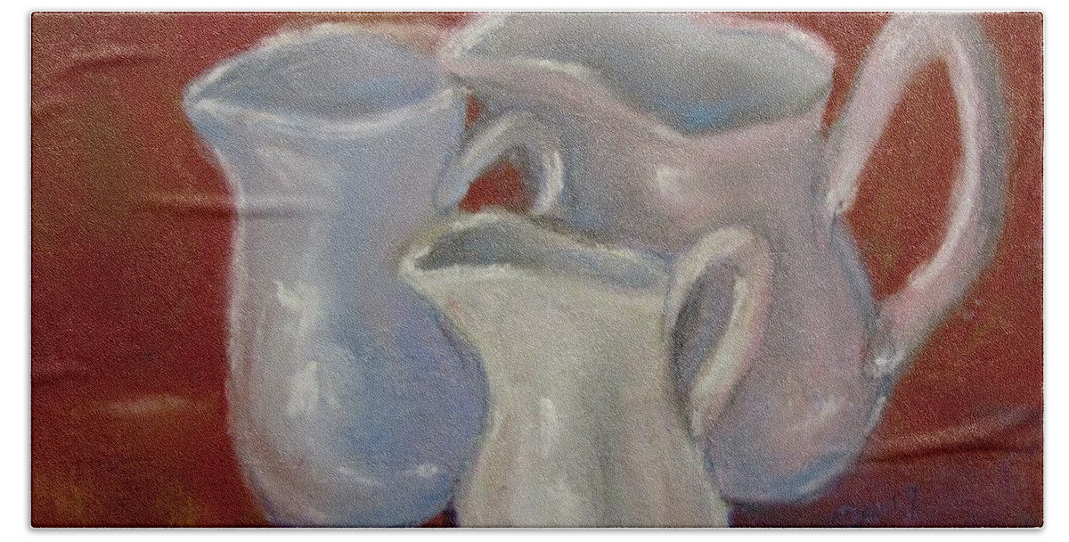 Pitchers Bath Towel featuring the pastel 3 White Cream Pitchers by Barbara O'Toole
