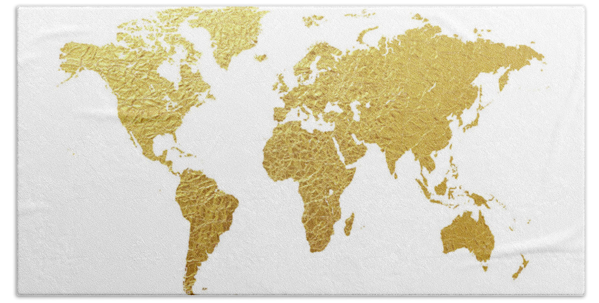 World Map Bath Towel featuring the digital art World Map Gold Foil #3 by Michael Tompsett