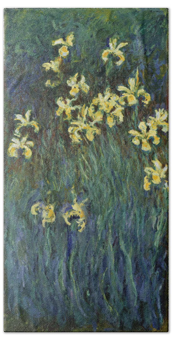 Claude Monet Bath Towel featuring the painting Yellow Irises by Claude Monet