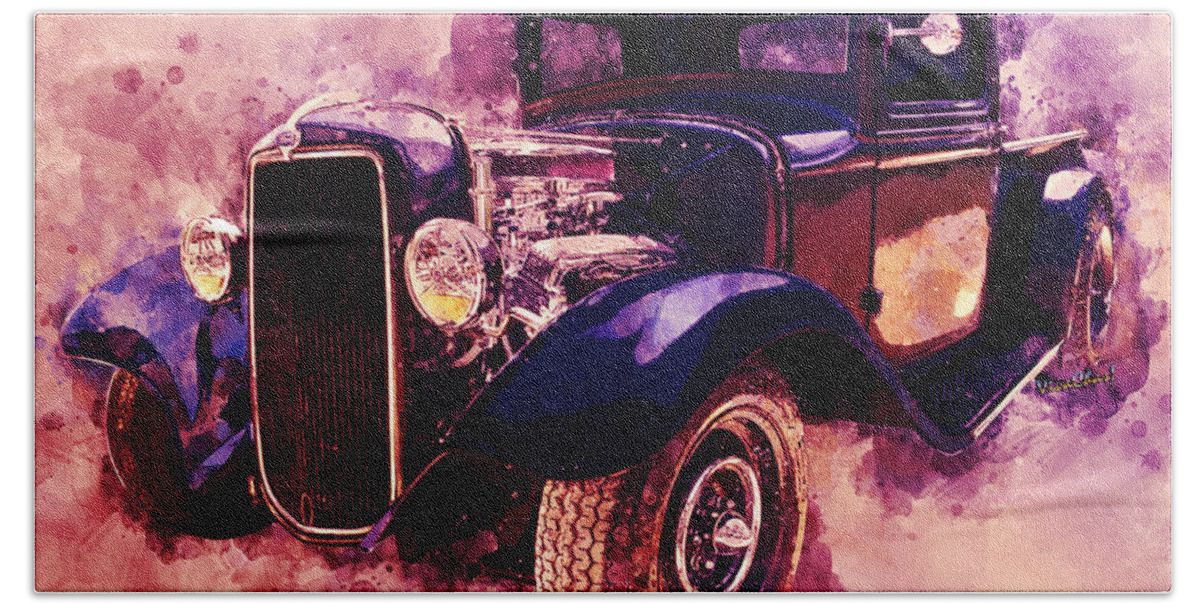 Ford Hand Towel featuring the digital art 34 Ford Rat Rod Pickup Watercolour by Chas Sinklier