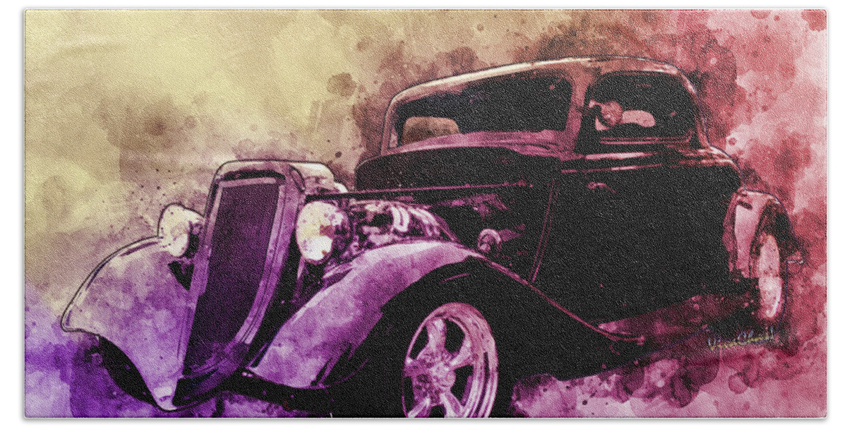 34 Bath Towel featuring the photograph 34 Ford Three Window Coupe Pen and Ink Watercolour by Chas Sinklier