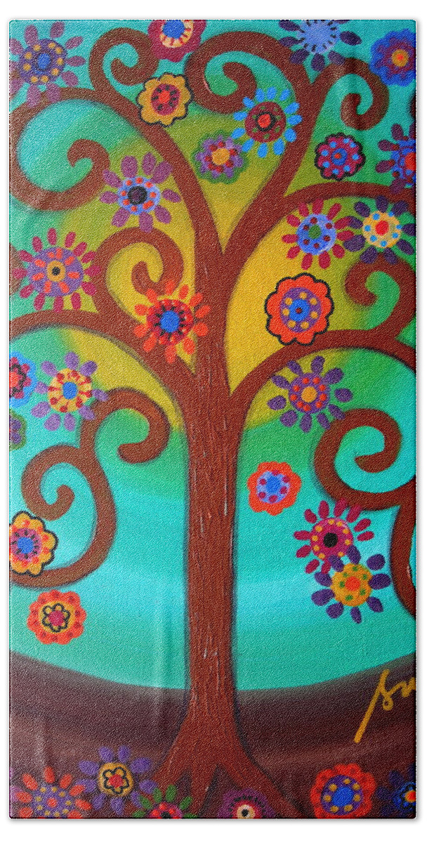 Tree Hope Life Mexican Paintings Folk Art Artist Prints Posters Flowers Blooms Pristine Cartera Turkus Prisarts Whimsical Bath Towel featuring the painting Tree Of Life #36 by Pristine Cartera Turkus