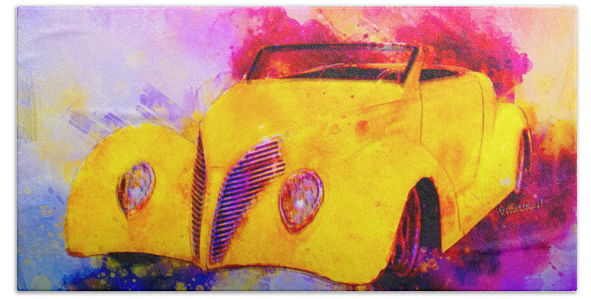 1937 Hand Towel featuring the mixed media 37 Ford Roadster Yellow Watercolour by Chas Sinklier