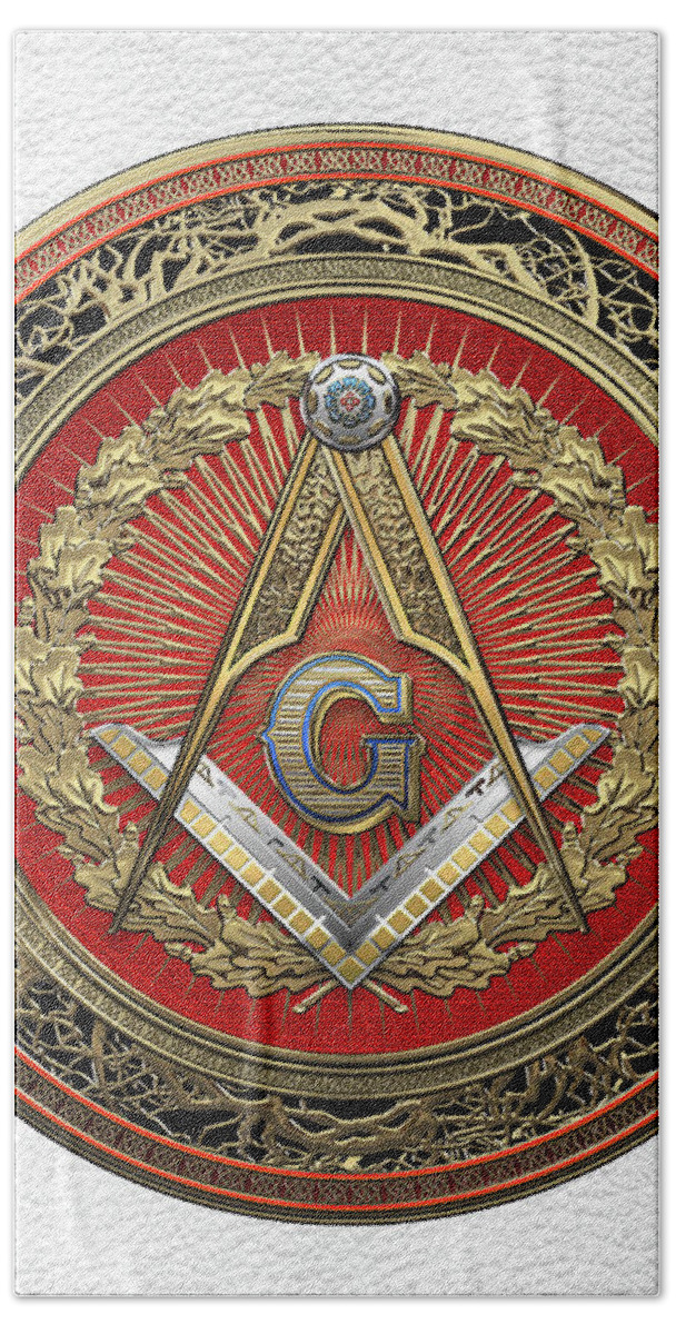 Ancient Brotherhoods Collection By Serge Averbukh Bath Towel featuring the digital art 3rd Degree Mason Gold Jewel - Master Mason Square and Compasses over White Leather by Serge Averbukh