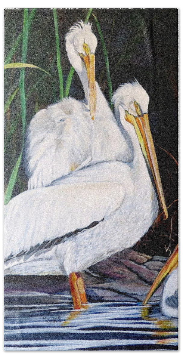 Pelican Bath Towel featuring the painting 3's Company by Marilyn McNish
