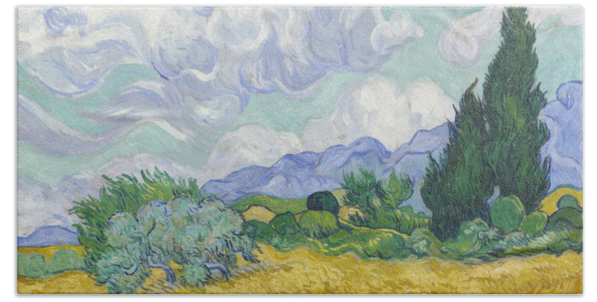 Vincent Van Gogh Bath Towel featuring the painting A Wheatfield With Cypresses #2 by Vincent Van Gogh