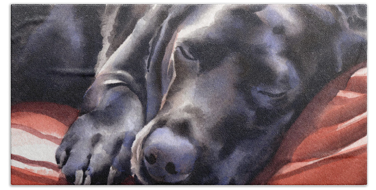 Black Lab Hand Towel featuring the painting Black Lab #3 by David Rogers